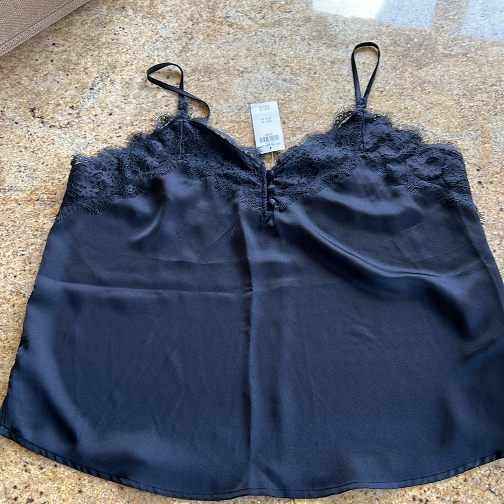 Black Satin Abercrombie & Fitch button front lace Cami (unlined) NWT Lg